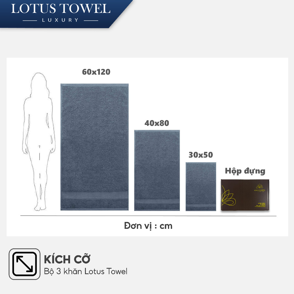 (Kèm Hộp) Bộ 3 Khăn Tắm, Gội, Lau mặt LOTUS TOWEL 100% Cotton, Mềm Mịm, Thấm Hút, Không Ra Màu | BigBuy360 - bigbuy360.vn