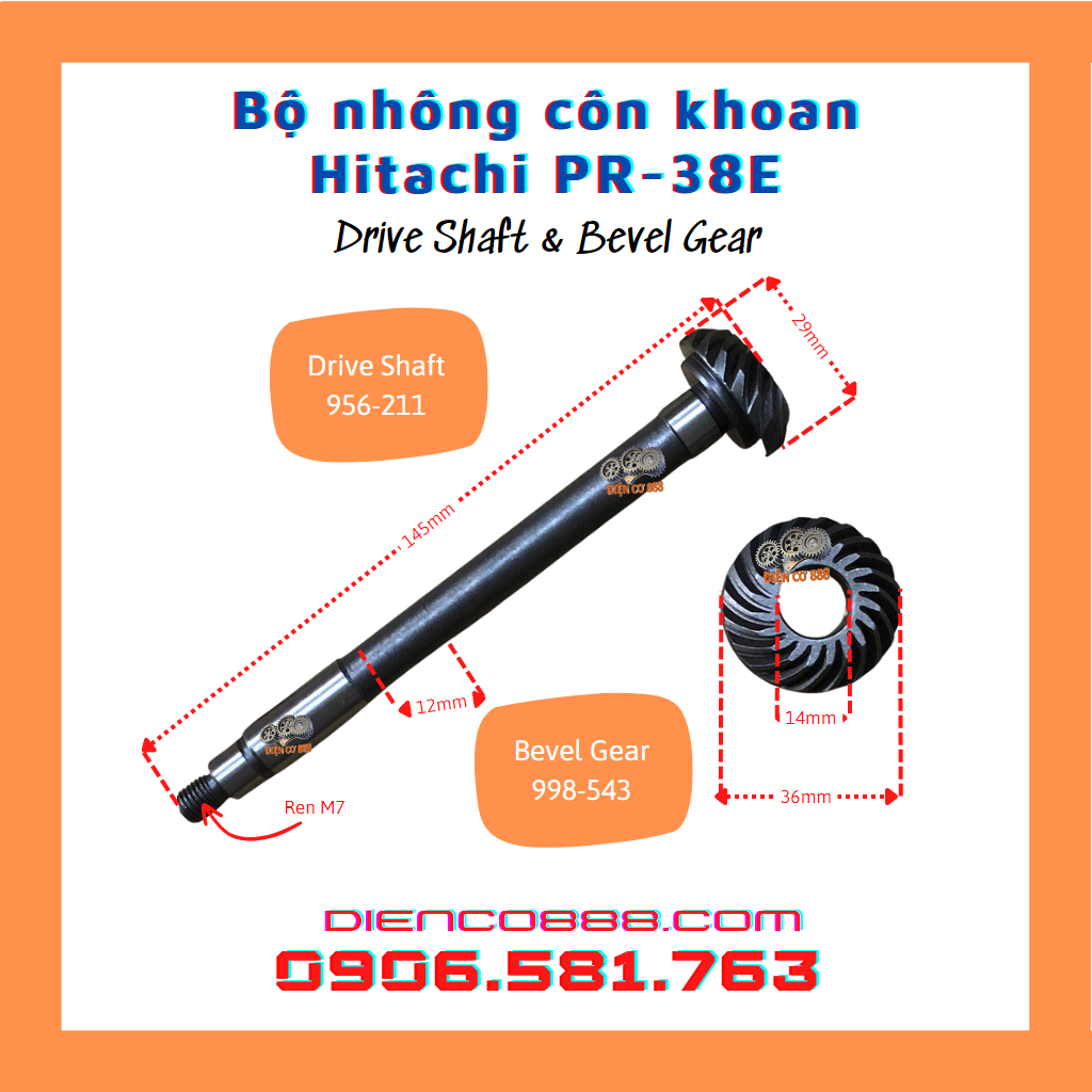 (Bevel Gear + Drive Shaft) Bộ nhông bánh răng trục Hitachi PR-38E, FEG EG-580, DCA AZC38 - Nhông côn PR-38E