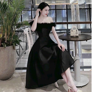 Đầm Xoè Tiểu thư Dự Tiệc chất liệu Tapta Phối lông hàng nhập L1Chuẩn shop