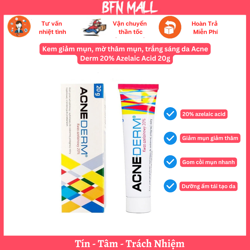 Kem giảm mụn, mờ thâm mụn, trắng sáng da Acne Derm 20% Azelaic Acid 20g