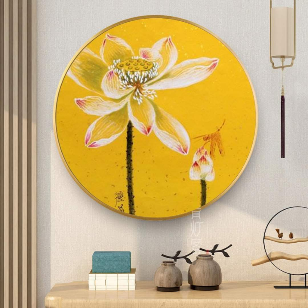 Tranh tròn canvas treo tường hoa sen tông vàng sang trọng