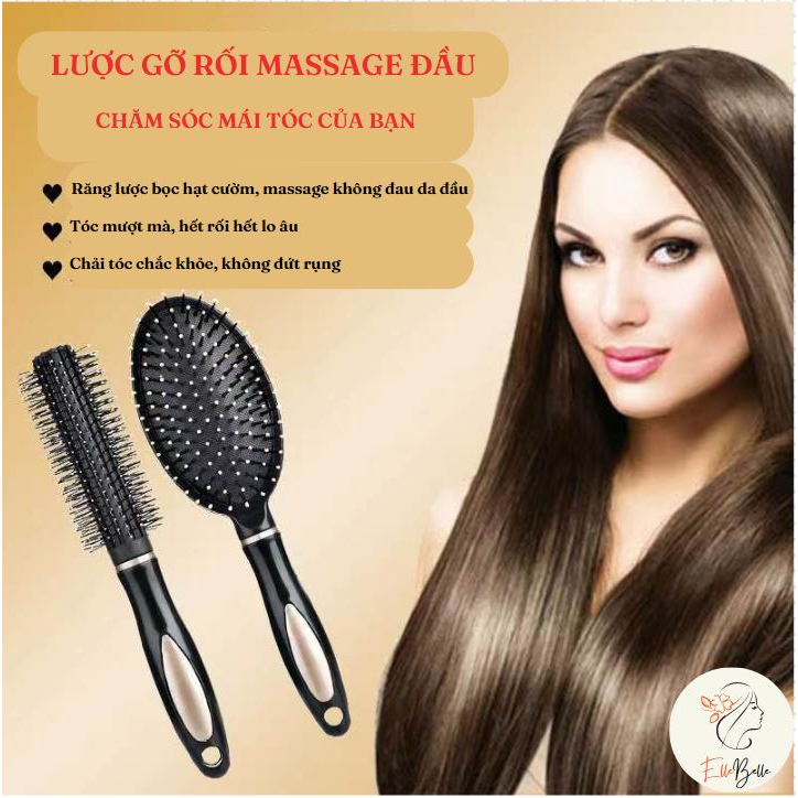 Set Lược gỡ rối, lược massage da đầu, lược uốn xoăn giúp tóc mềm mượt tự nhiên không rối gãy Elle Belle