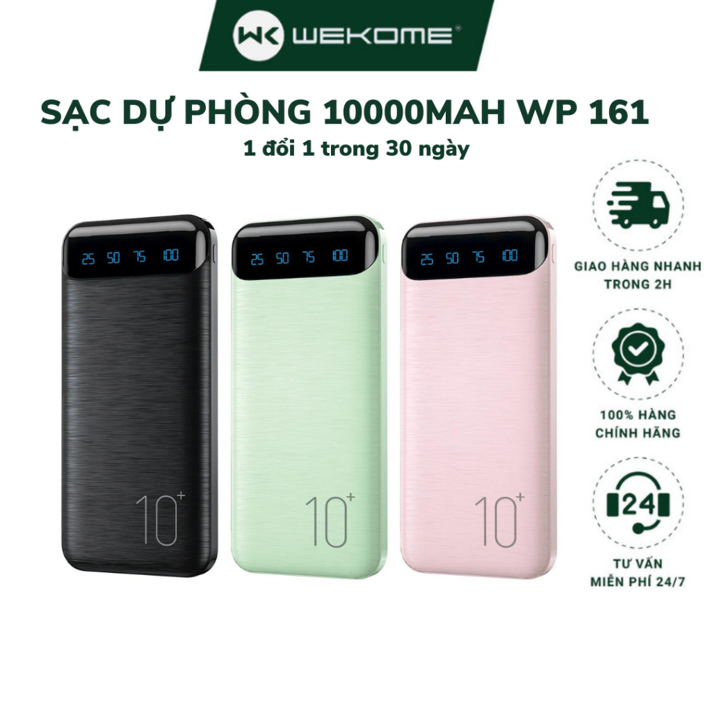 Sạc dự phòng 10000mah WEKOME WP161,  pin tích điện thiết kế nhỏ gọn cầm tay đèn lead hiển thị phần trăm pin kèm cáp sạc