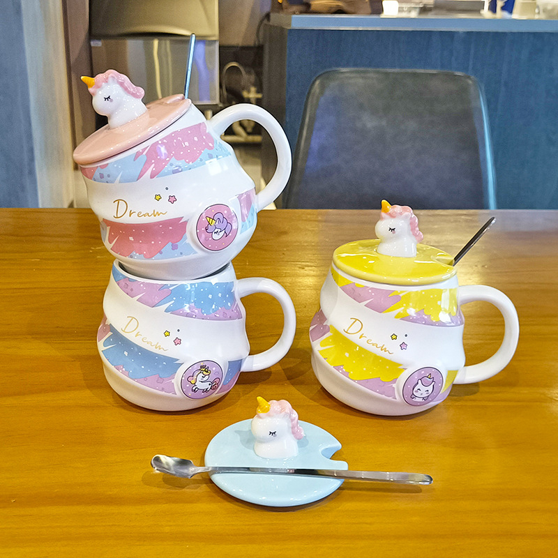Cốc ly sứ Unicorn xoáy cầu vồng dễ thương nắp 3D dùng để uống nước uống trà pha cà phê quà tặng Automatik