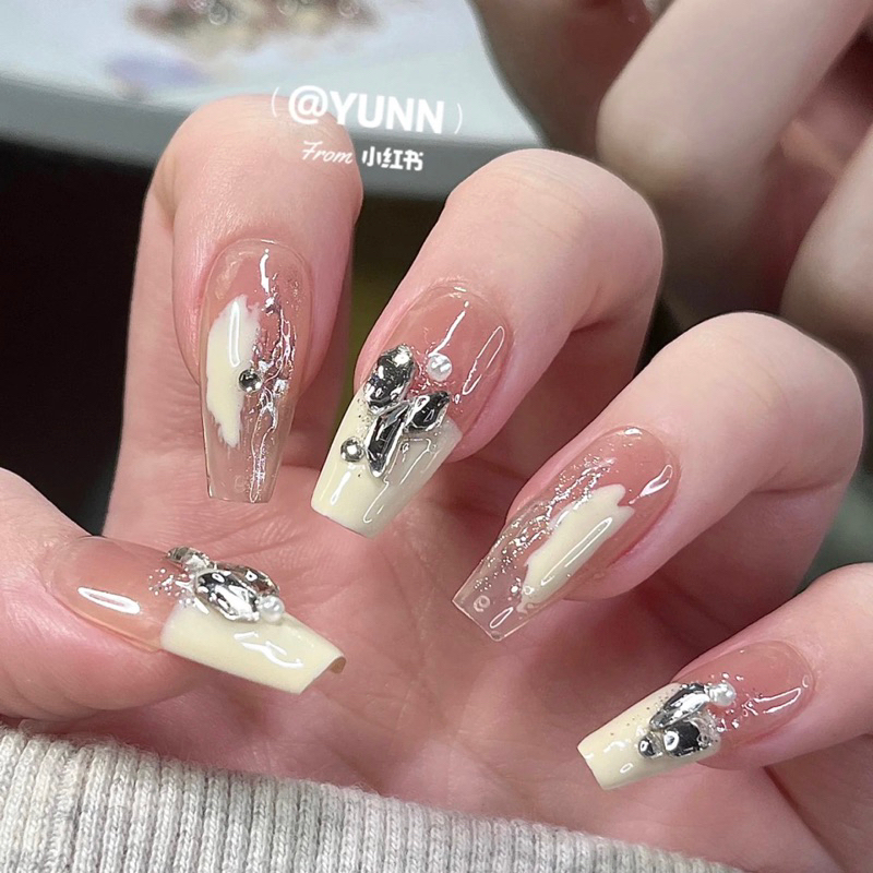 Nail box thiết kế màu thạch nb161 đầu móng trắng kem đính đá julynails.vn