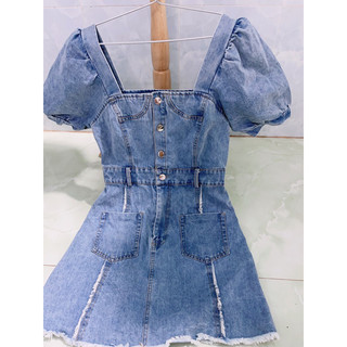 Đầm Jean cổ vuông tay phồng