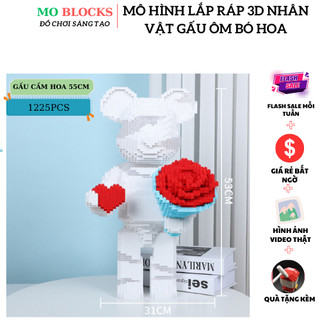 Lego gấu bearbrick 55cm tay trắng cầm hoa hãng xinz mô hình lắp ghép 3d decor trang trí gấu trắng cầm hoa - moblocks