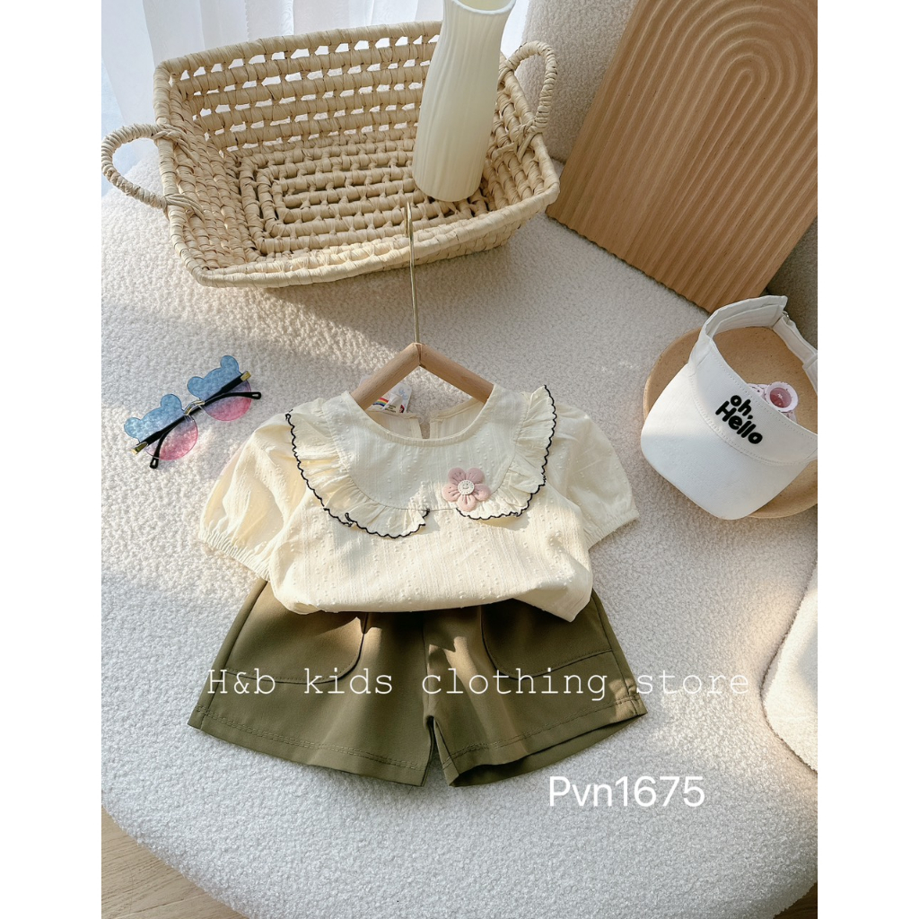 Bộ ren bèo đính hoa điệu đà cho bé gái, áo ren hạt, quần thô kaki có túi, vải đẹp, mềm mát