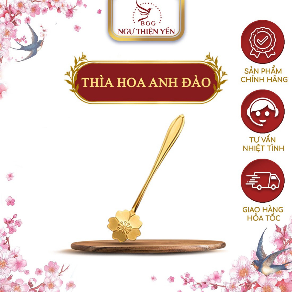 Thìa Inox Hình Hoa Anh Đào, Thìa Ăn Yến Màu Vàng Sang Trọng