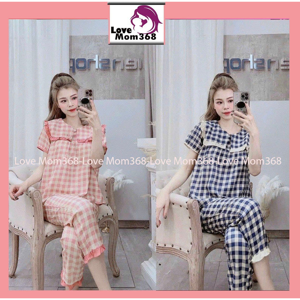 Bộ Bầu Kẻ Caro Mùa Hè Mặc Ở Nhà. Quần Bầu Dài Có Chun Chỉnh Bụng,Áo Bầu Tay Ngắn Cổ Bèo HN363 Love Mom368