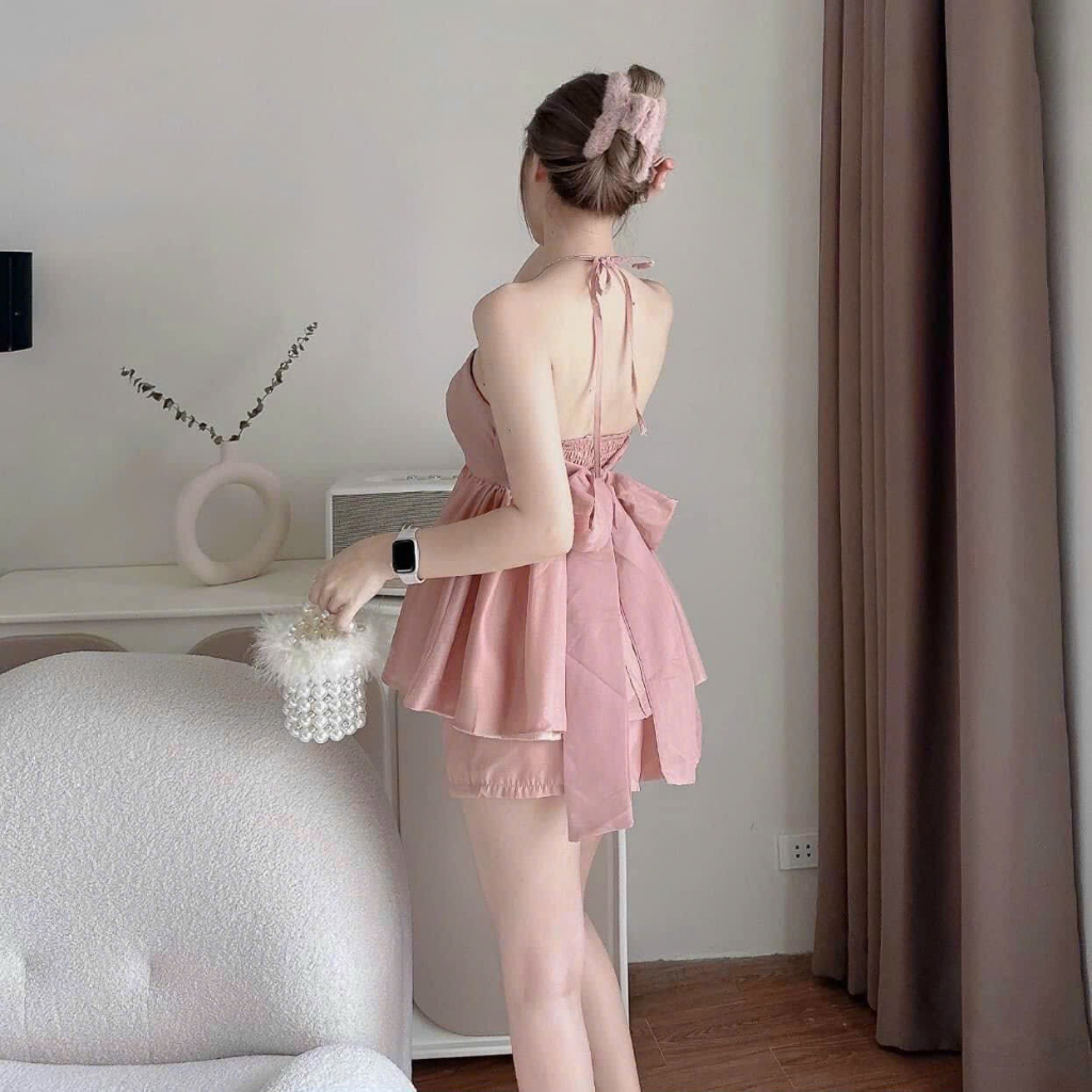 [5.5 Sales Freeship] Set bộ tiểu thư nữ, set áo cúp ngực cột dây cổ đính nơ dáng xòe mix quần short đùi xinh xắn TH