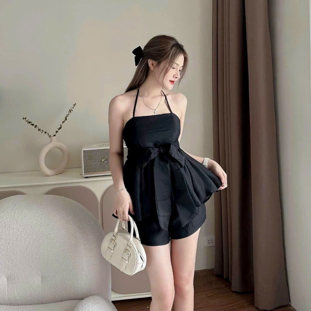 [5.5 Sales Freeship] Set bộ tiểu thư nữ, set áo cúp ngực cột dây cổ đính nơ dáng xòe mix quần short đùi xinh xắn TH