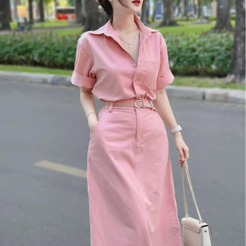 SET ÁO SƠ MI CHÂN VÁY KAKI SIÊU HOT