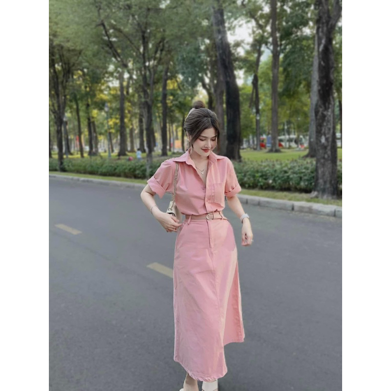 SET ÁO SƠ MI CHÂN VÁY KAKI SIÊU HOT