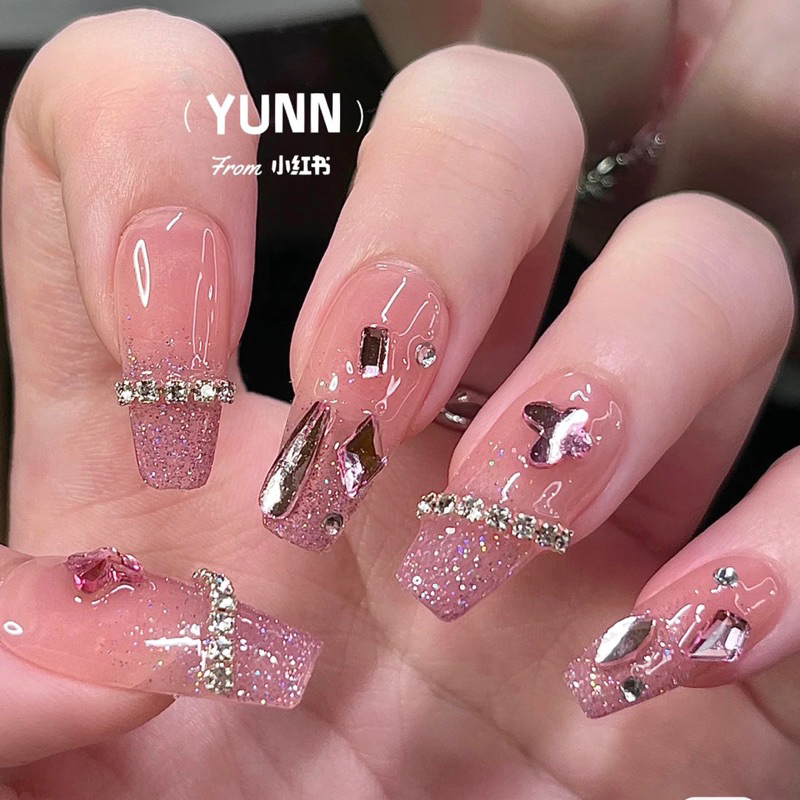 Móng úp thiết kế nhũ flash hồng nb150 đính đá cô dâu kỷ yếu julynails.vn