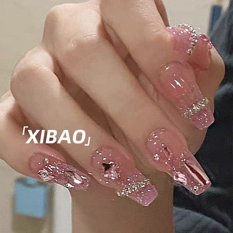 Móng úp thiết kế nhũ flash hồng nb150 đính đá cô dâu kỷ yếu julynails.vn