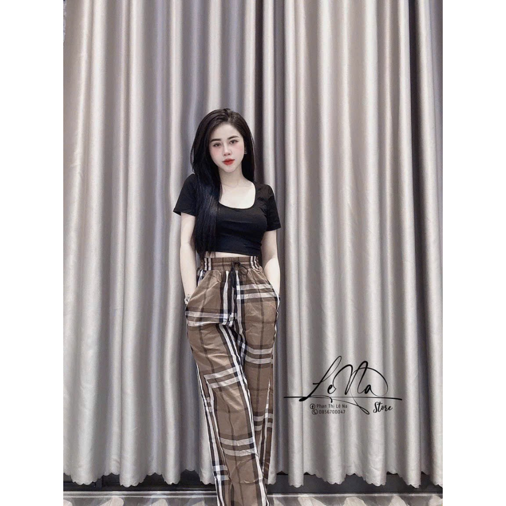 [5.5 Sales Freeship] Set áo thun đen cổ vuông tay ngắn croptop mix quần dài caro nâu, bộ nữ đi chơi dạo phố siêu xinh TH
