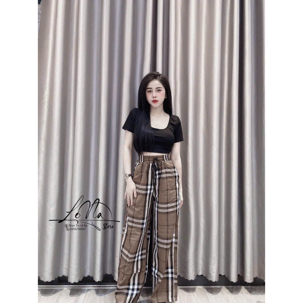 [5.5 Sales Freeship] Set áo thun đen cổ vuông tay ngắn croptop mix quần dài caro nâu, bộ nữ đi chơi dạo phố siêu xinh TH