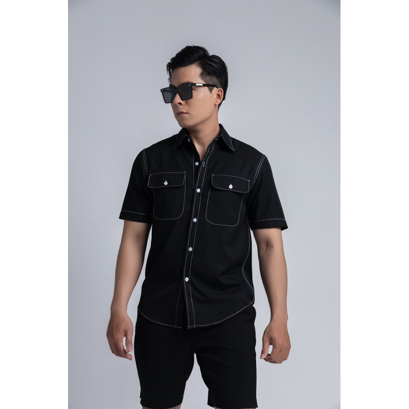 SƠ MI TAY NGẮN ĐEN VIỂN CHỈ TRẮNG IMENE