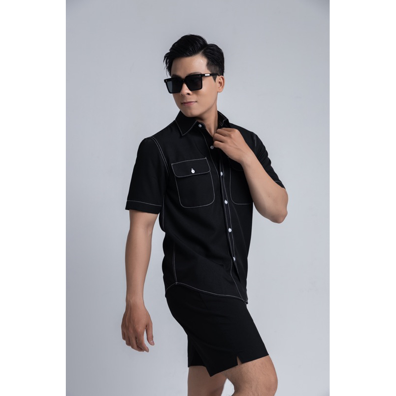 SƠ MI TAY NGẮN ĐEN VIỂN CHỈ TRẮNG IMENE