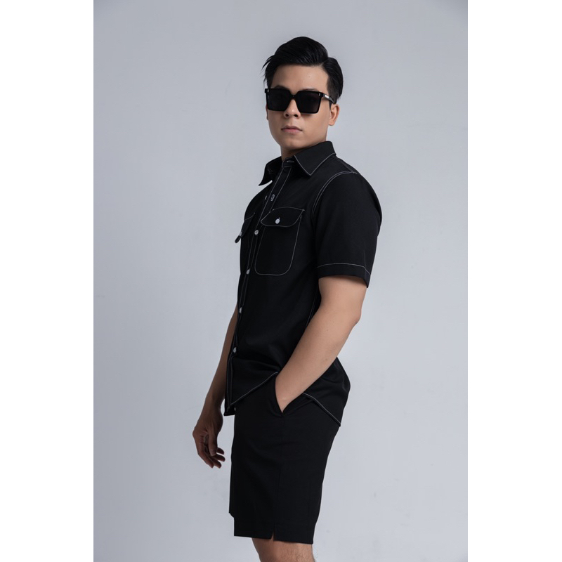 SƠ MI TAY NGẮN ĐEN VIỂN CHỈ TRẮNG IMENE