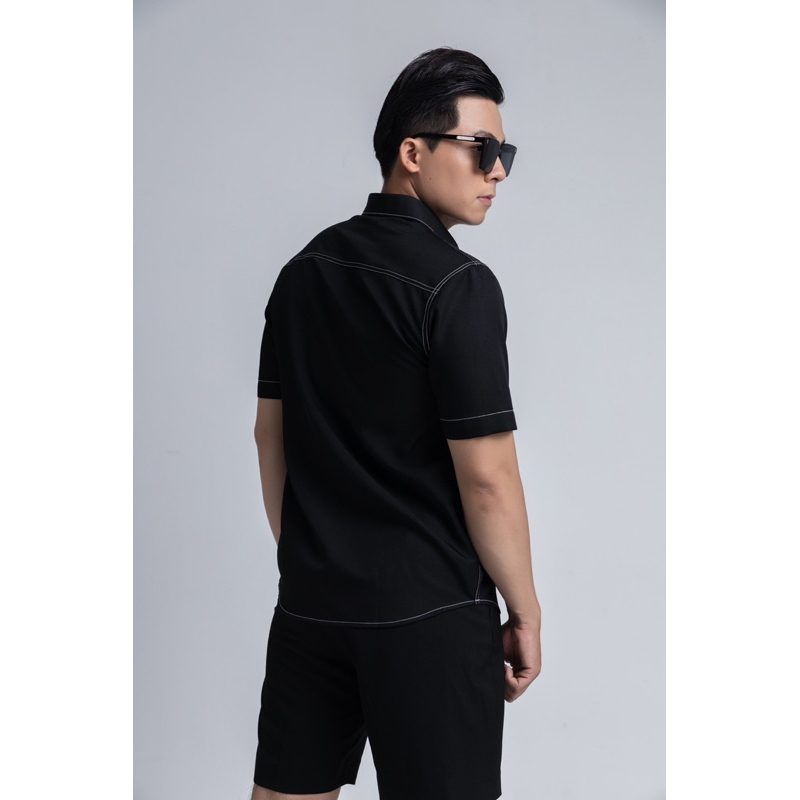 SƠ MI TAY NGẮN ĐEN VIỂN CHỈ TRẮNG IMENE