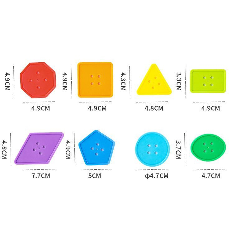 Set 90 Cúc nhựa hình học có kèm dây - đồ chơi cho bé tập phân loại màu, tập xỏ dây, xếp hình phát triển tư duy, sáng tạo