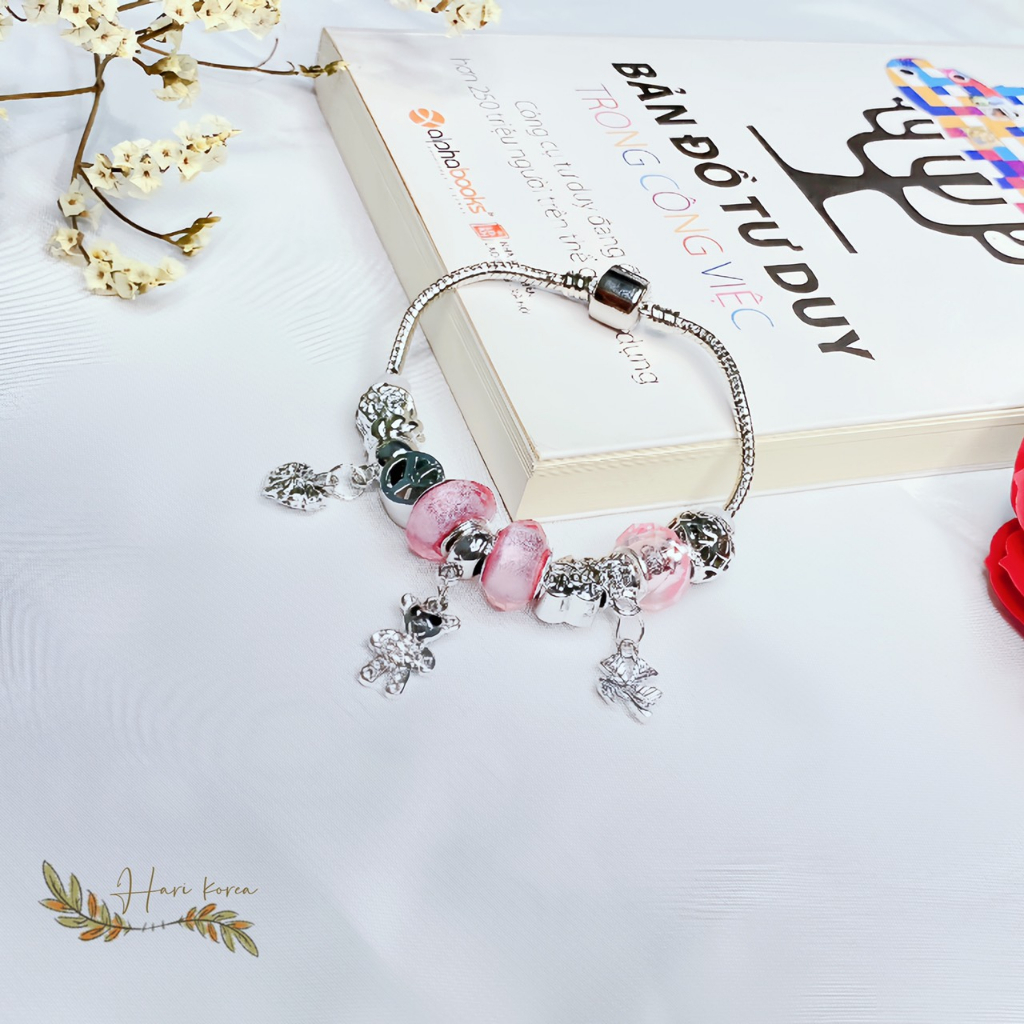 Vòng tay charm màu hồng, lắc tay pandora phong thủy hợp các mệnh kim và mệnh thủy