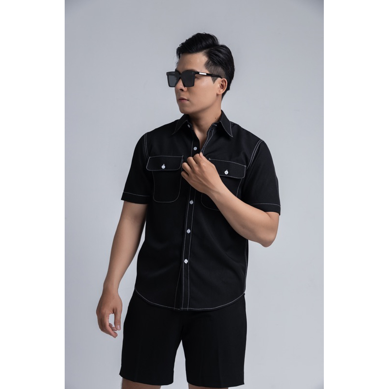 SƠ MI TAY NGẮN ĐEN VIỂN CHỈ TRẮNG IMENE