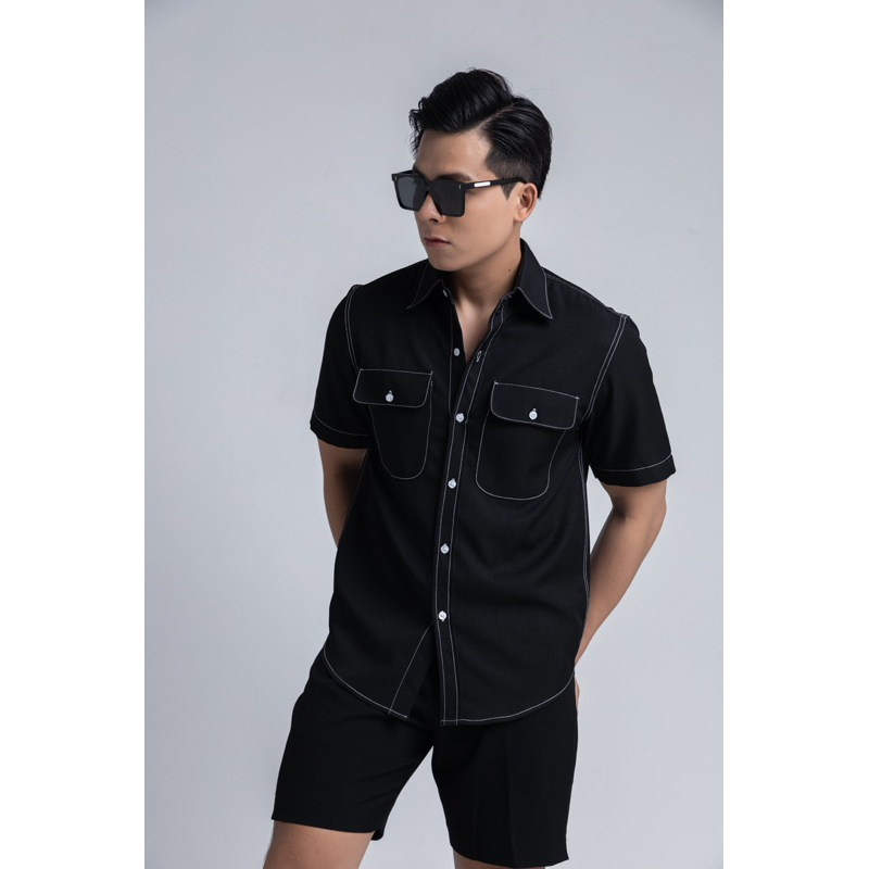 SƠ MI TAY NGẮN ĐEN VIỂN CHỈ TRẮNG IMENE