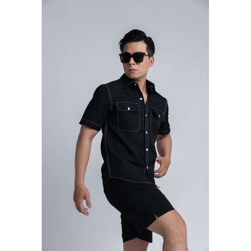 SƠ MI TAY NGẮN ĐEN VIỂN CHỈ TRẮNG IMENE