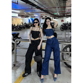 Set áo cúp jeans+ quần suông túi hộp