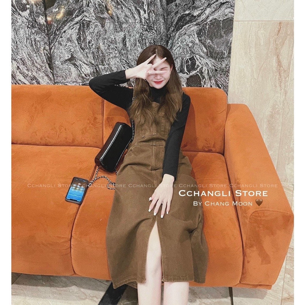 Yếm bò màu nâu mẫu mới phong cách Hàn Quốc, YẾM NÂU DÁNG VÁY 3 SIZE SML