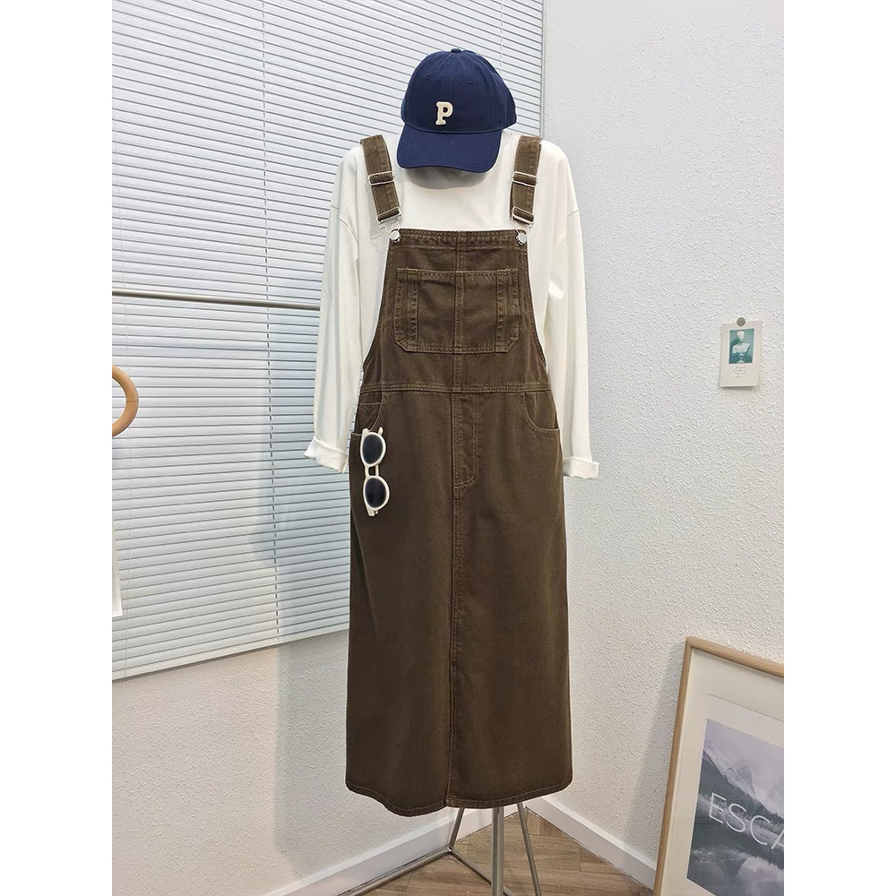 Yếm bò màu nâu mẫu mới phong cách Hàn Quốc, YẾM NÂU DÁNG VÁY 3 SIZE SML