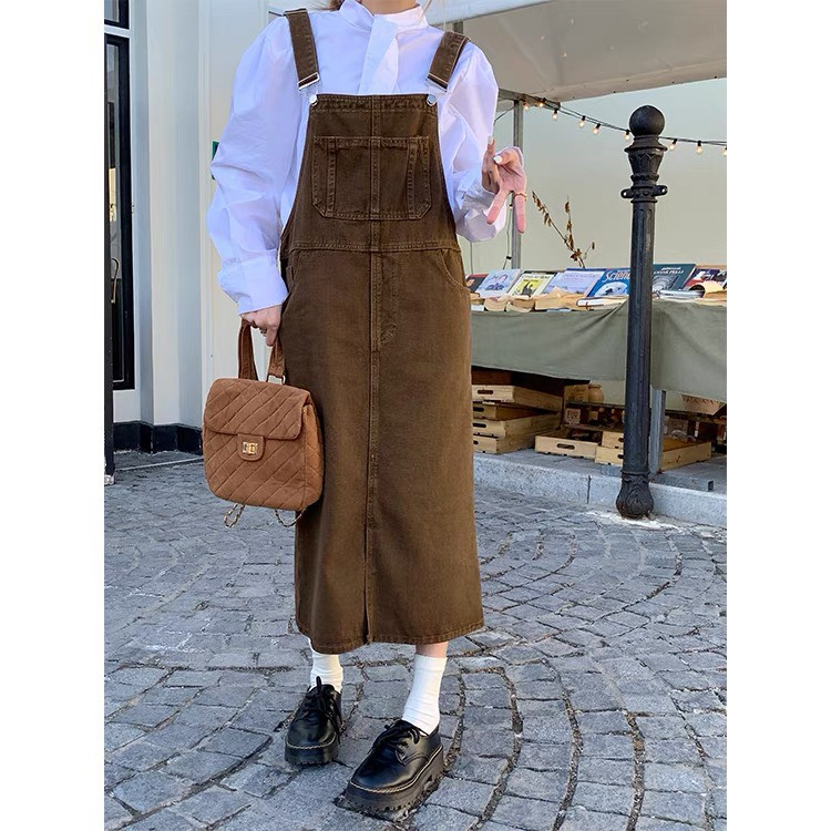 Yếm bò màu nâu mẫu mới phong cách Hàn Quốc, YẾM NÂU DÁNG VÁY 3 SIZE SML
