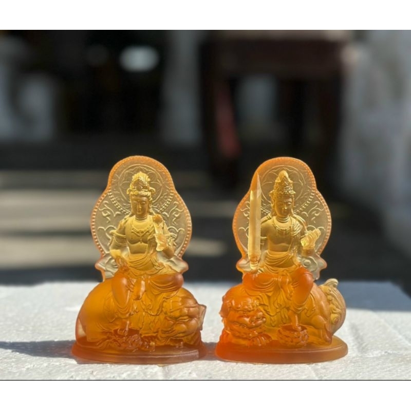 Bộ 02 tượng Văn Thù - Phổ Hiền Bồ Tát đá thạch anh lưu ly nhiều màu
