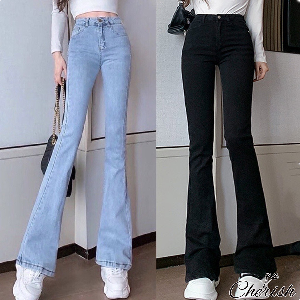 Quần bò jean nữ ống loe đứng rộng dáng suông co giãn jeans cạp cao cao cấp hai màu XANH- ĐEN