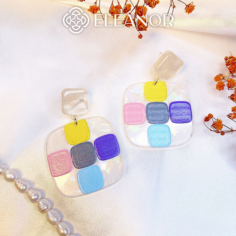 Bông tai nữ chuôi bạc 925 Eleanor Accessories họa tiết ô vuông nhiều màu sắc phụ kiện trang sức trẻ trung 5531