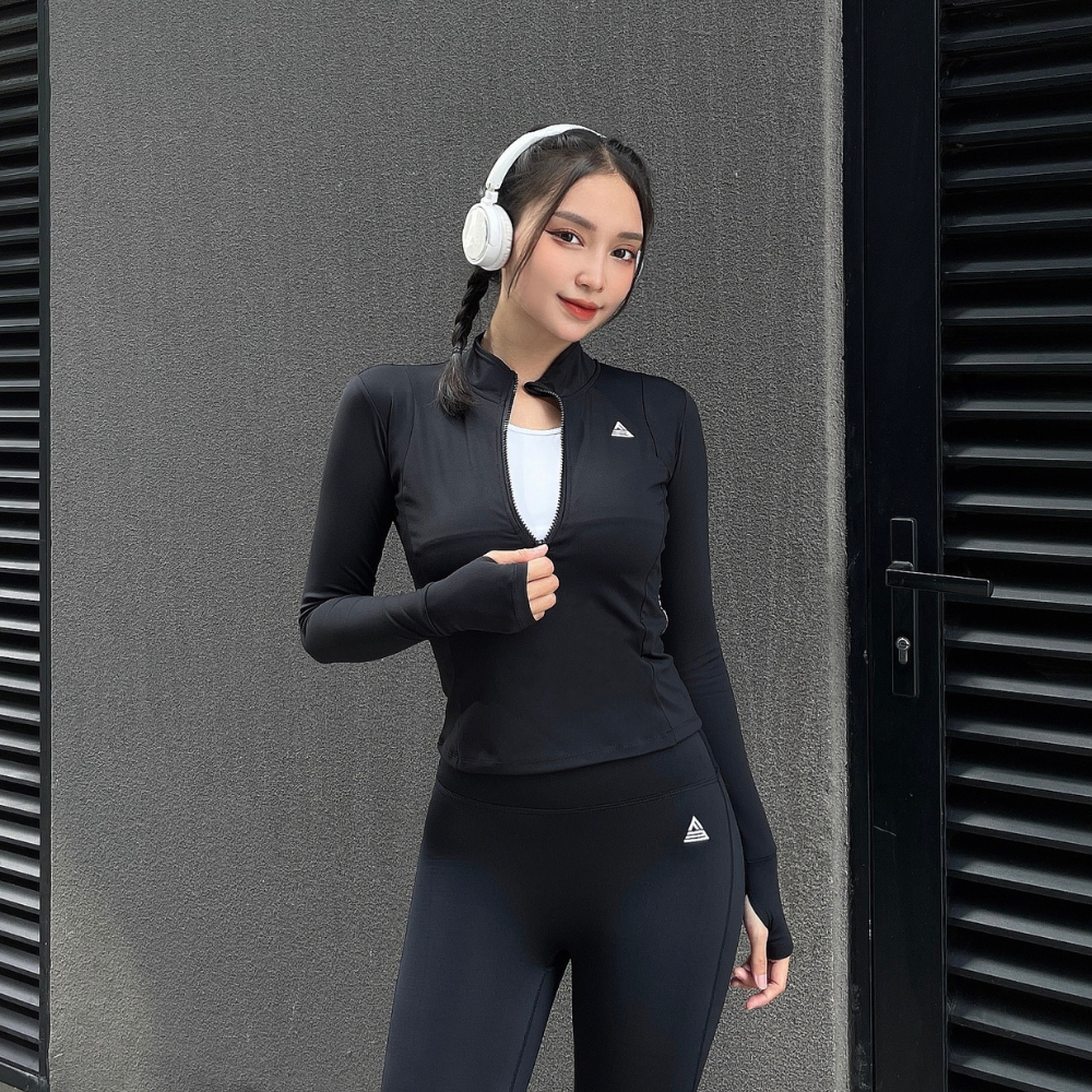 Áo tập gym yoga Fitme Cover23 halfzip dài tay vải 2 lớp ôm body AKHZC