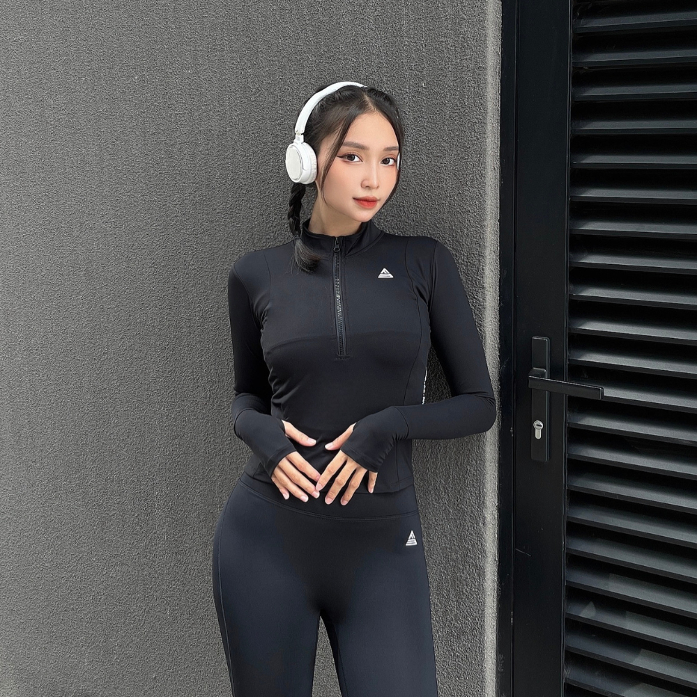 Áo tập gym yoga Fitme Cover23 halfzip dài tay vải 2 lớp ôm body AKHZC