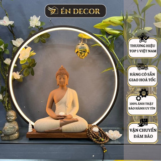 Tượng Phật Thích Ca ÉN DECOR loại to 30cm chất liệu gốm tử sa kèm kệ led chuông sen trang trí phong thuỷ an nhiên