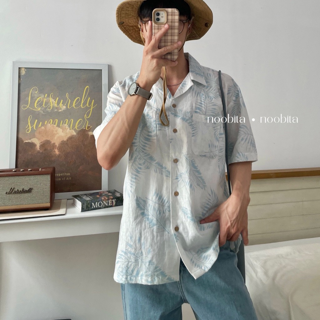 NOOBITA - Sơ mi tay ngắn cổ vest hoạ tiết lá 7925