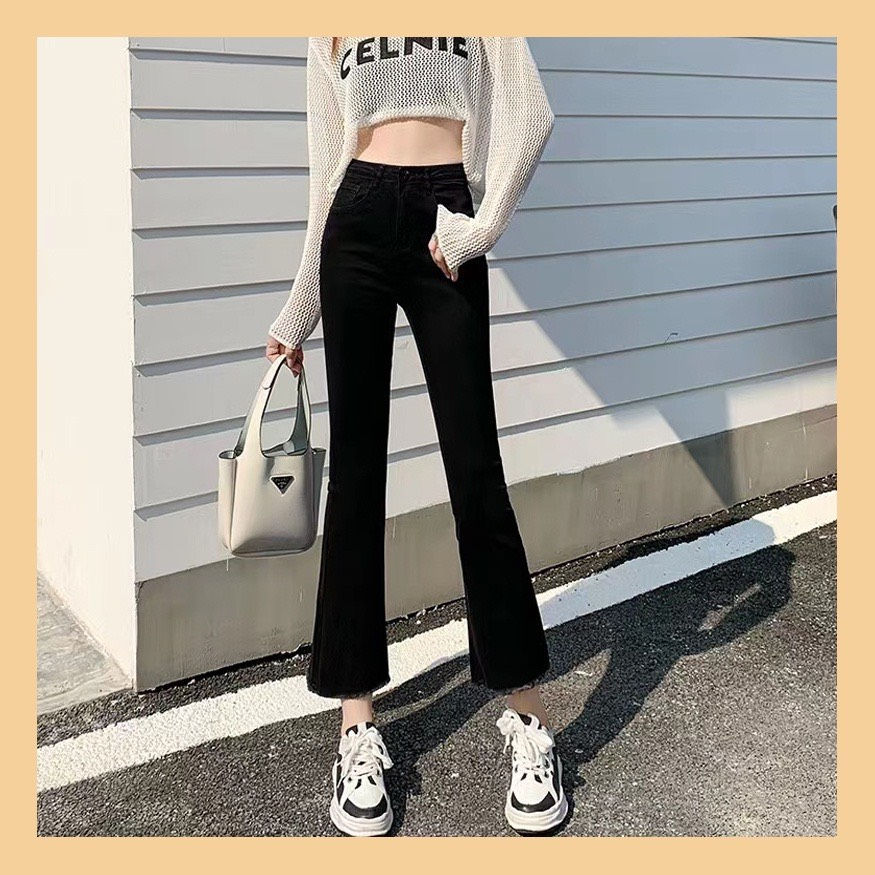 Quần jean ống loe lưng cao màu Đen trơn vải jean HÀNG LOẠI 1 | BigBuy360 - bigbuy360.vn