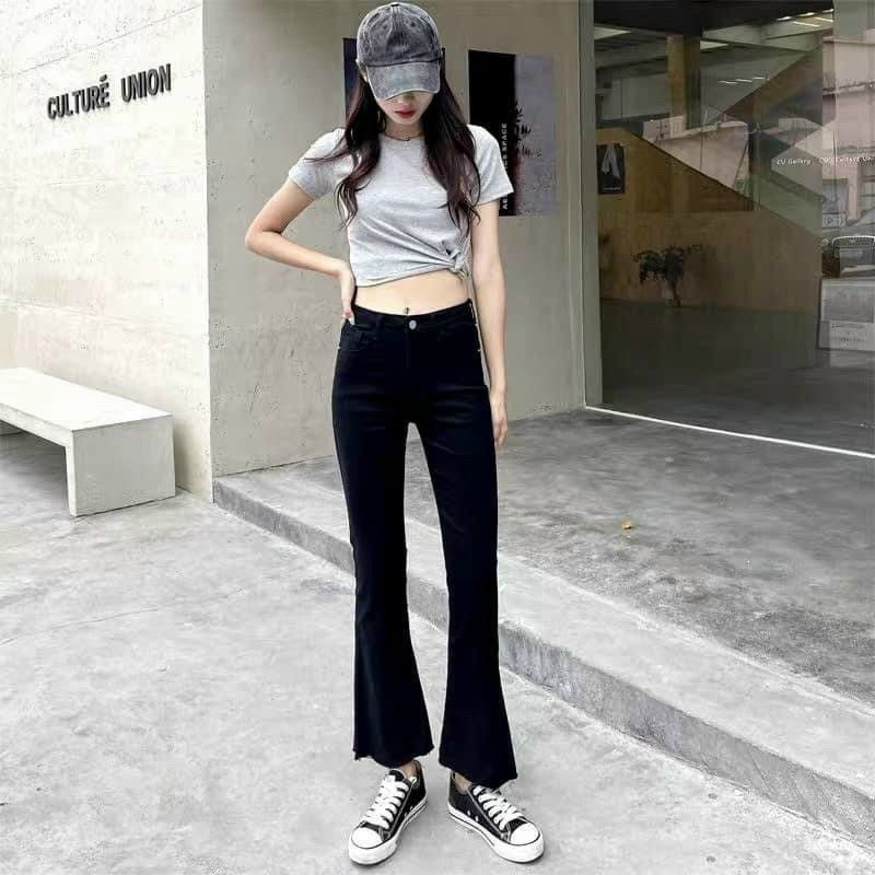 Quần jean ống loe lưng cao màu Đen trơn vải jean HÀNG LOẠI 1 | BigBuy360 - bigbuy360.vn
