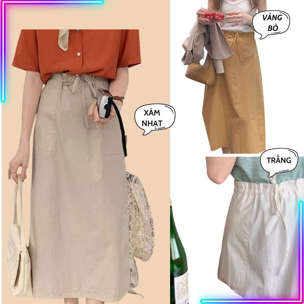 Chân váy chữ a dài dây rút phong cách ulzzang xinh xắn , Váy chất liệu kaki dài + lớp lót trong , Ms 11