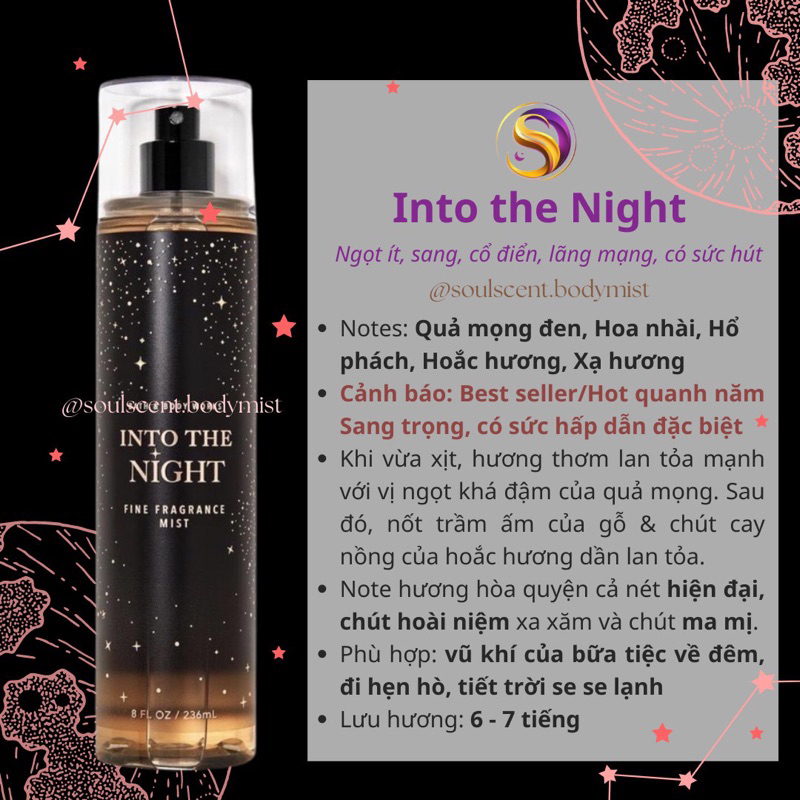 Body mist INTO THE NIGHT xịt thơm toàn thân Bath & Body Works  | Soul Scent