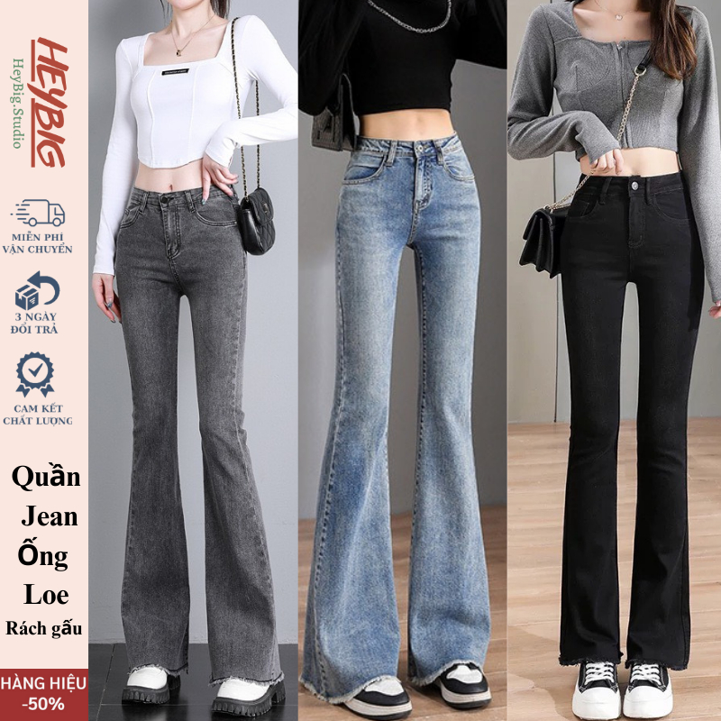 Quần jean nữ ống loe rách gấu CẠP CAO co giãn, quần bò jeans loe rách gấu dáng đứng suông rộng NS-02 cao cấp HEYBIG