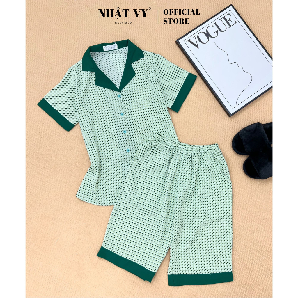 Set bộ lửng mặc nhà nữ Nhật Vy cổ pijama phối hoạ tiết xinh xắn chất mango mềm mịn dễ thương - D2768