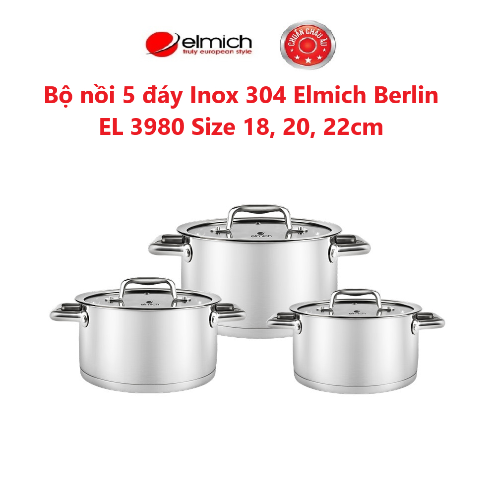 Bộ nồi 5 đáy Inox 304 Elmich Berlin EL 3980 Size 16, 20, 22cm