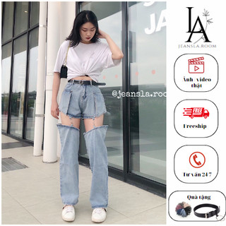 Quần Short Jeans JEANSLA Xanh nhạt tháo rời biến hóa dài - short Cạp cao ống rộng cá tính [#QJL30]
